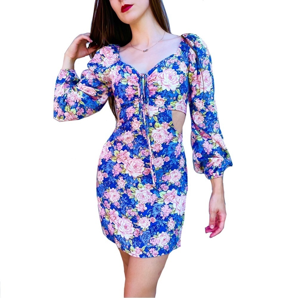 Forever 21 Floral Cut Out Milkmaid Puff Sleeve Mini Dress Size Small